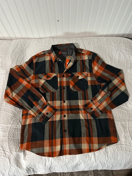 the american outdoorsman Other - Men's Plaid Button-Up Shirt - Orange, Teal & Cream Sz: XL